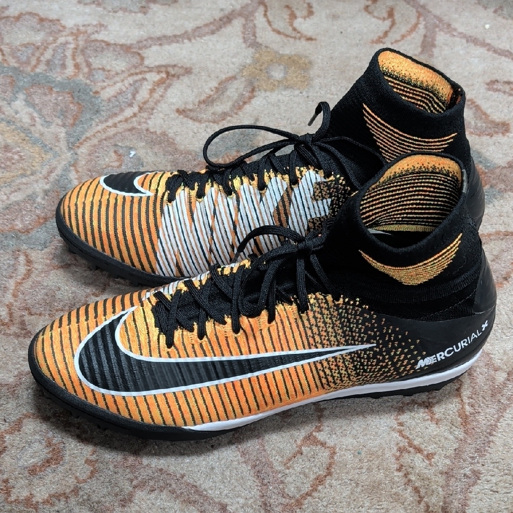Nike MercurialX Flyknit Black, Orange & White High-Top Indoor Soccer Shoes